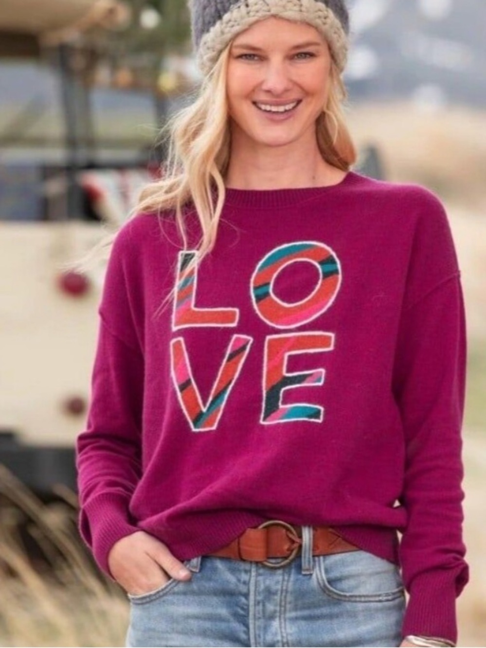 Sundance One Love Magenta Sweater Wool Blend Graphic Size Small